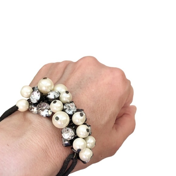 Glam Star Mediterranean Rope Bracelet Faux Pearls Rhinestones Adjustable Closure - Picture 2 of 4